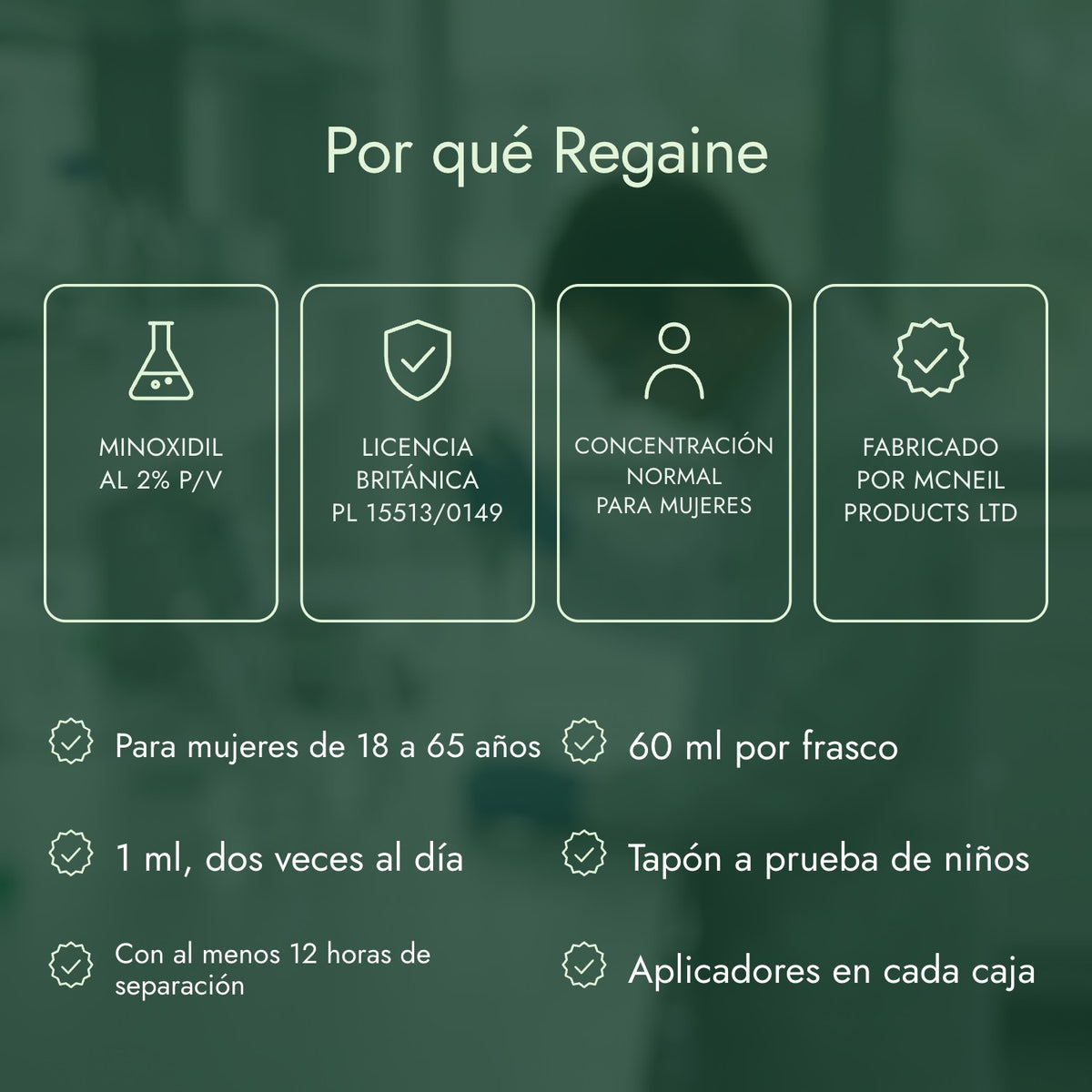 Por qué Regaine: Minoxidil al 2% p/v, Licencia británica PL 15513/0149, Concentración normal para mujeres, Fabricado por McNeil Products Ltd