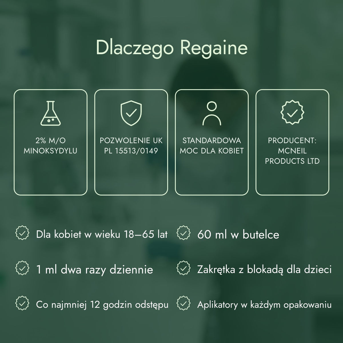 Dlaczego Regaine: 2% m/o minoksydylu, Pozwolenie UK PL 15513/0149, Standardowa moc dla kobiet, Producent: McNeil Products Ltd