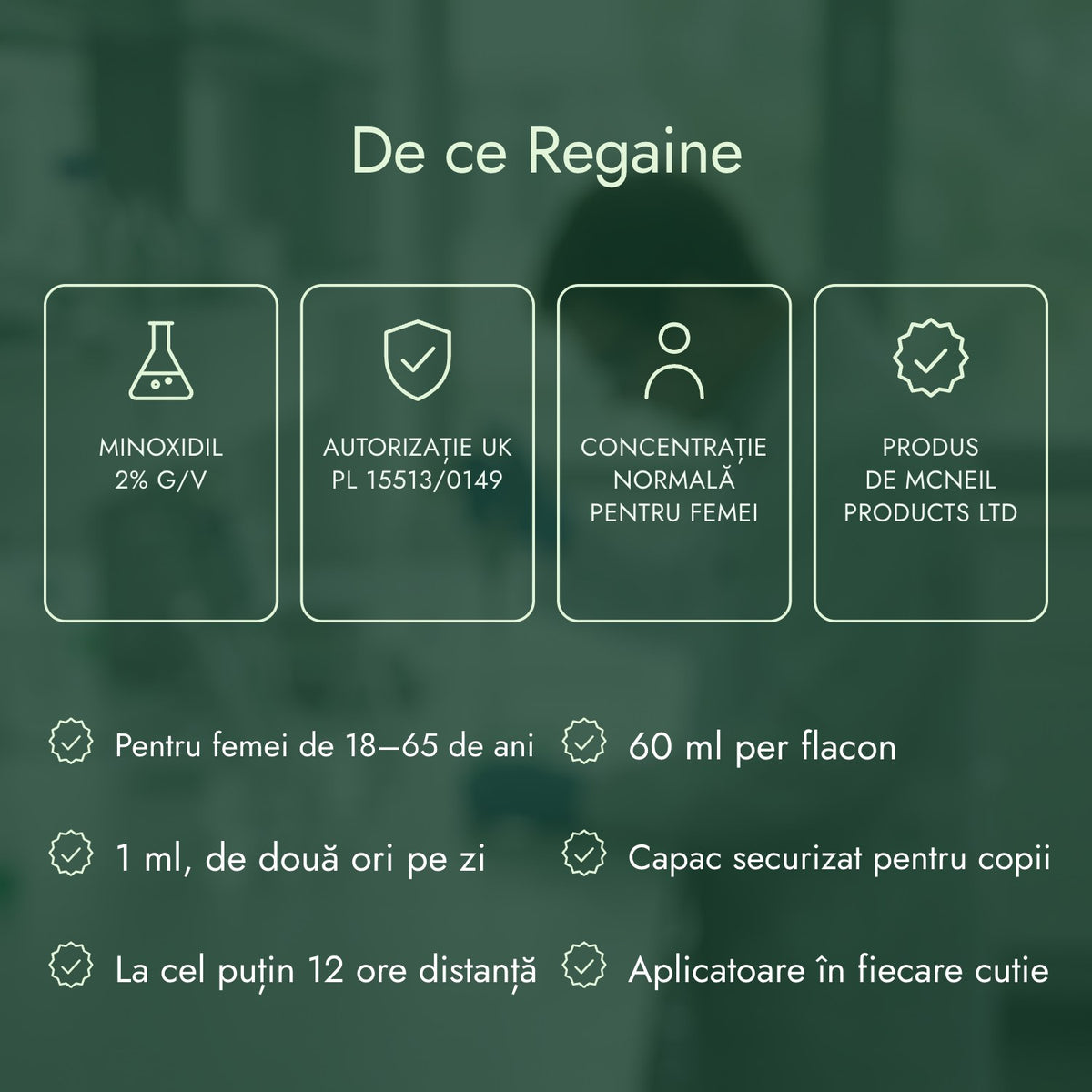 De ce Regaine: Minoxidil 2% g/v, Autorizație UK PL 15513/0149, Concentrație normală pentru femei, Produs de McNeil Products Ltd
