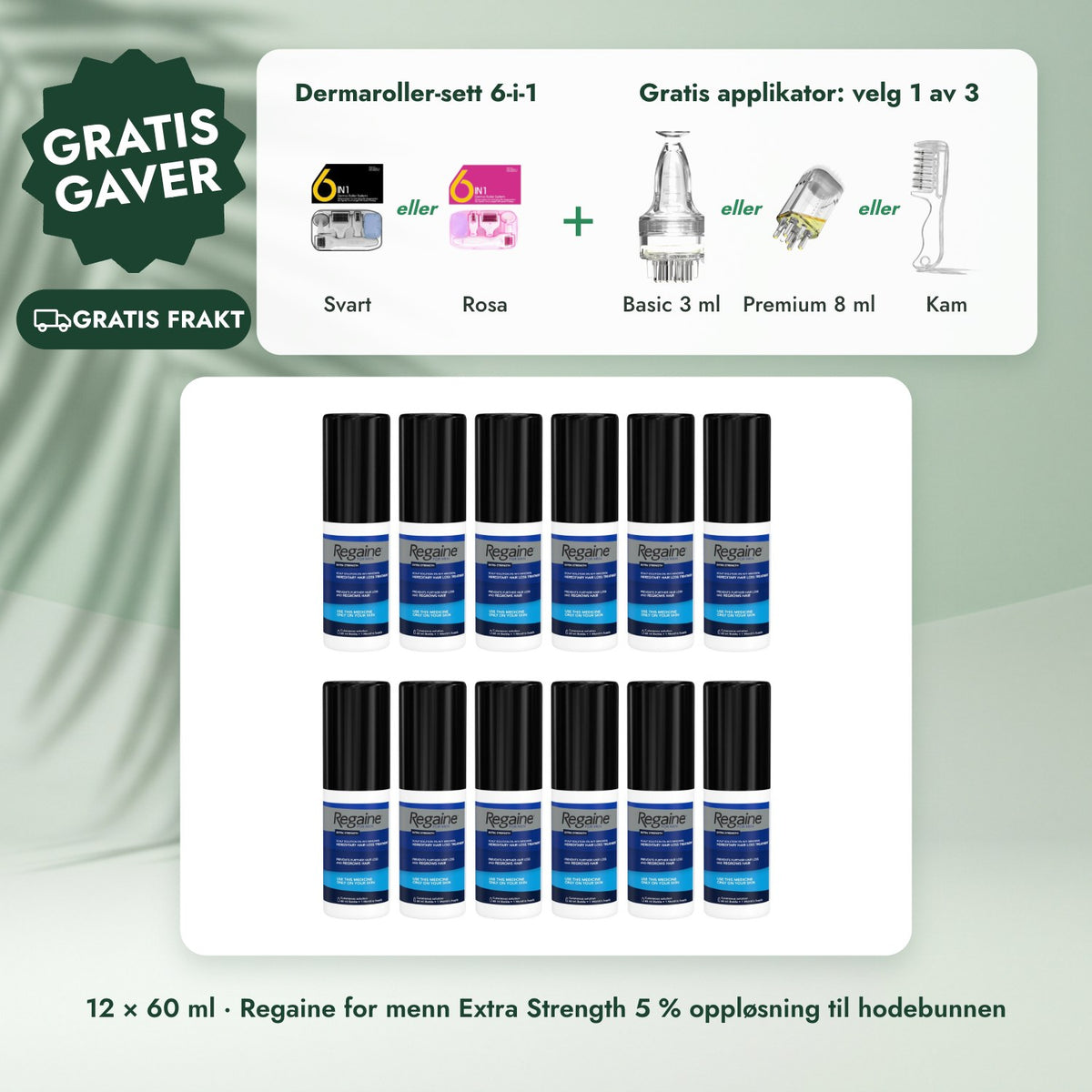 12 × 60 ml · Regaine for menn Extra Strength 5 % oppløsning til hodebunnen: Dermaroller-sett 6-i-1, Gratis applikator: velg 1 av 3
