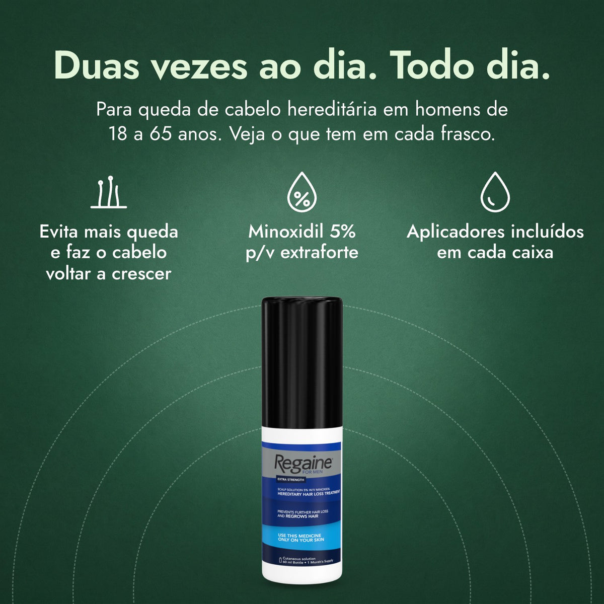 Regaine para Homens Extra Forte 5% Solução Capilar: Duas vezes ao dia. Todo dia. Evita mais queda e faz o cabelo voltar a crescer, Minoxidil 5% p/v extraforte, Aplicadores incluídos em cada caixa