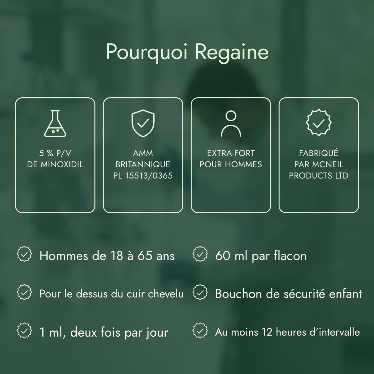 Pourquoi Regaine: 5 % p/v de minoxidil, AMM britannique PL 15513/0365, Extra-fort pour hommes, Fabriqué par McNeil Products Ltd
