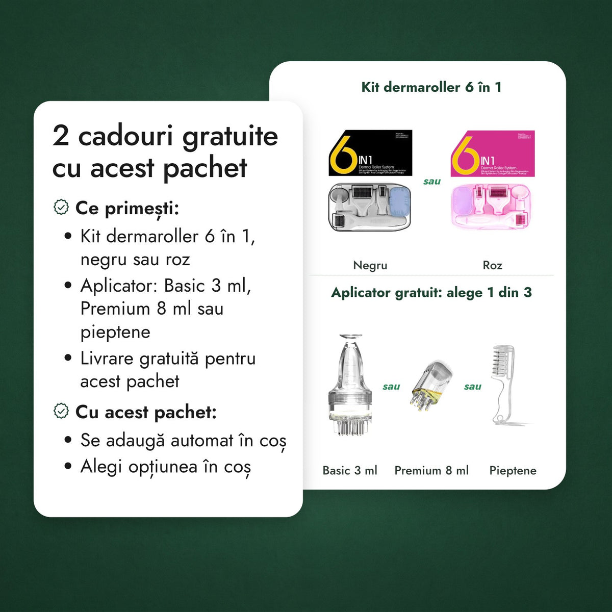 2 cadouri gratuite cu acest pachet: Kit dermaroller 6 în 1, Aplicator gratuit: alege 1 din 3