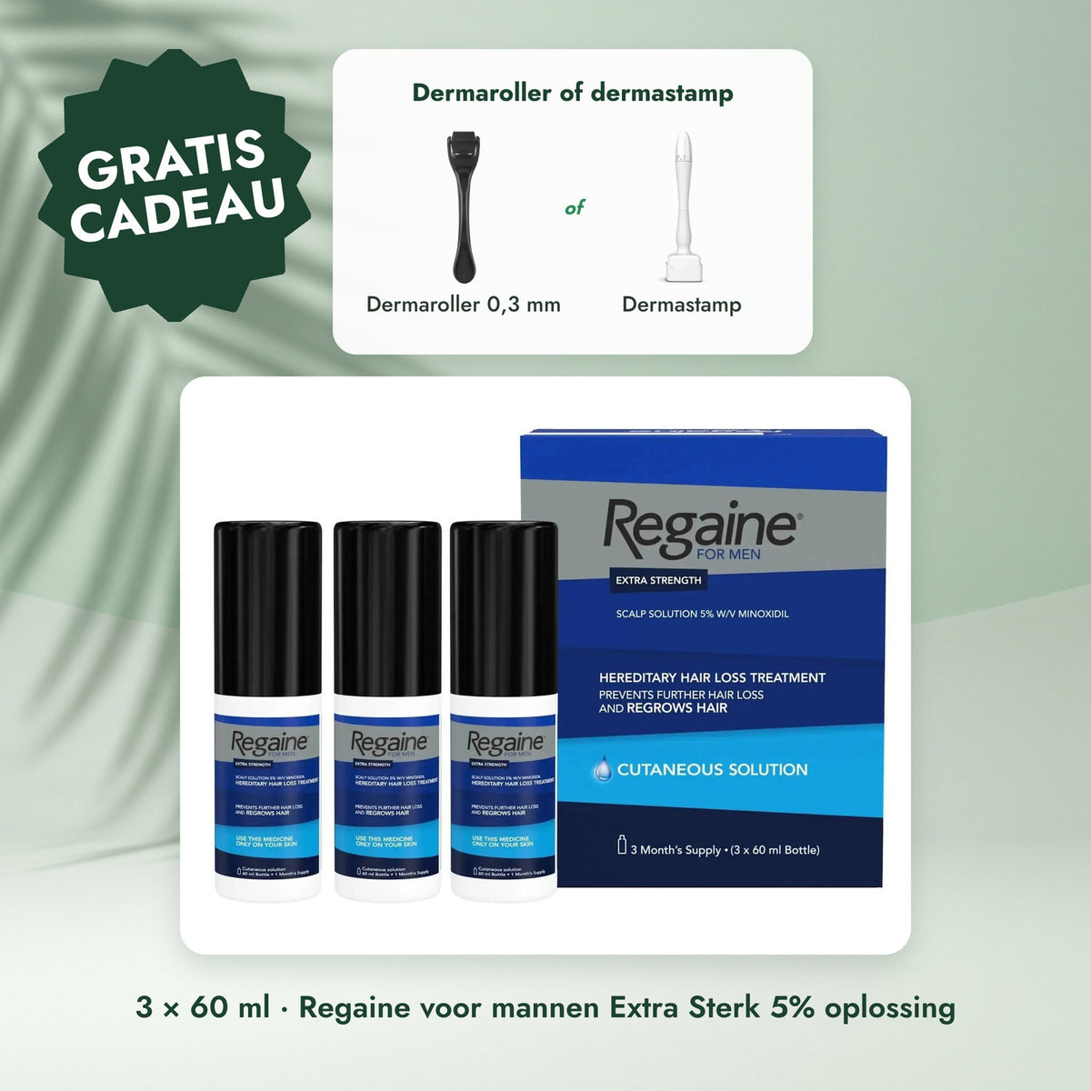 3 × 60 ml · Regaine voor mannen Extra Sterk 5% oplossing: Dermaroller of dermastamp