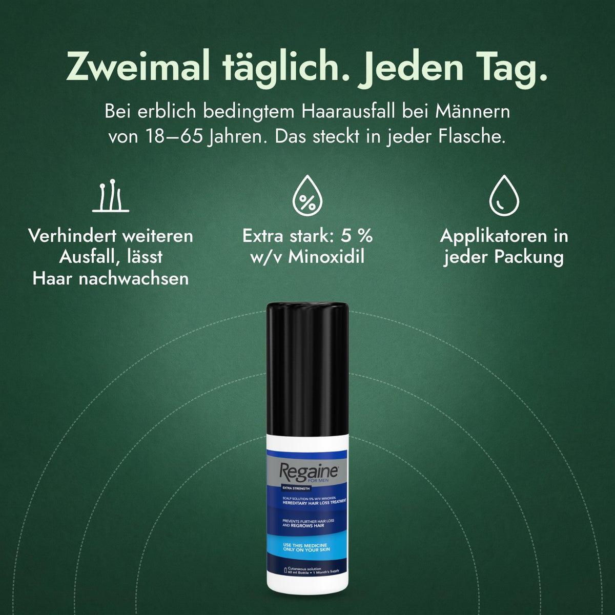 Regaine Männer Extra Stark 5 % Lösung: Zweimal täglich. Jeden Tag. Verhindert weiteren Ausfall, lässt Haar nachwachsen, Extra stark: 5 % w/v Minoxidil, Applikatoren in jeder Packung