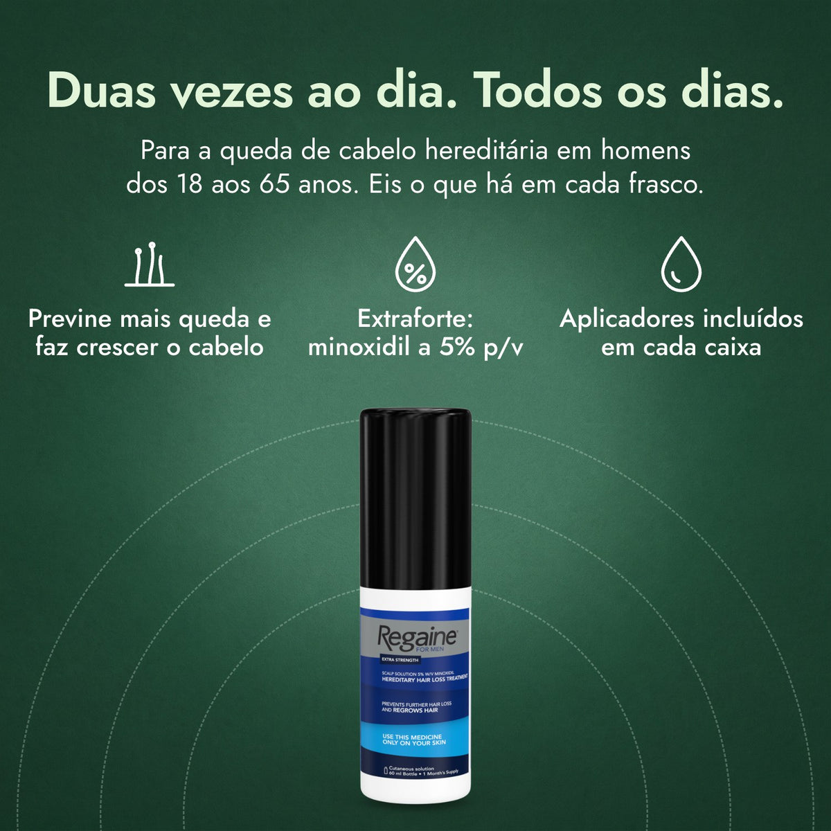 Regaine para Homem Extra Forte 5% Solução Cutânea: Duas vezes ao dia. Todos os dias. Previne mais queda e faz crescer o cabelo, Extraforte: minoxidil a 5% p/v, Aplicadores incluídos em cada caixa