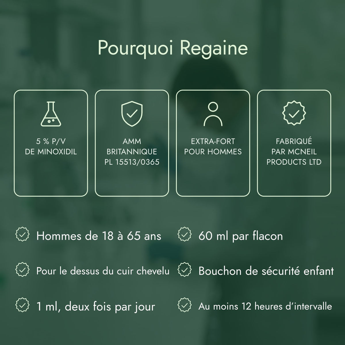 Pourquoi Regaine: 5 % p/v de minoxidil, AMM britannique PL 15513/0365, Extra-fort pour hommes, Fabriqué par McNeil Products Ltd