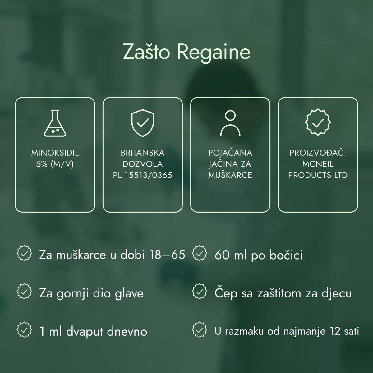 Zašto Regaine: Minoksidil 5% (m/v), Britanska dozvola PL 15513/0365, Pojačana jačina za muškarce, Proizvođač: McNeil Products Ltd