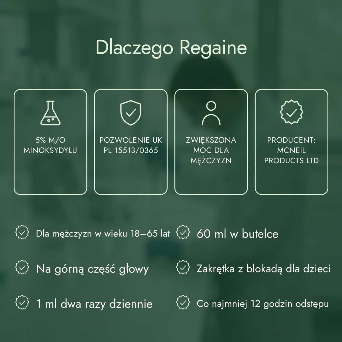 Dlaczego Regaine: 5% m/o minoksydylu, Pozwolenie UK PL 15513/0365, Zwiększona moc dla mężczyzn, Producent: McNeil Products Ltd