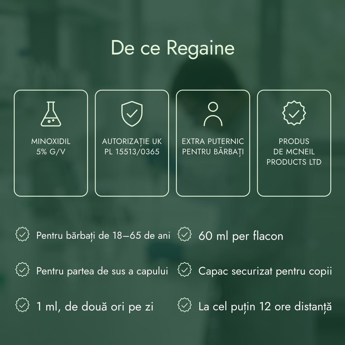 De ce Regaine: Minoxidil 5% g/v, Autorizație UK PL 15513/0365, Extra puternic pentru bărbați, Produs de McNeil Products Ltd