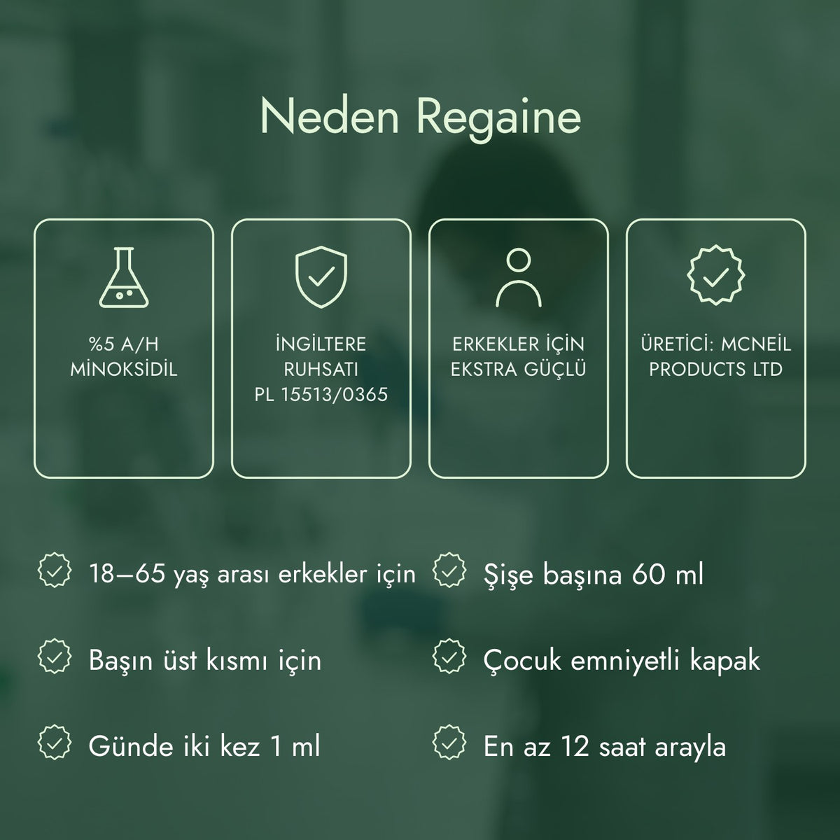 Neden Regaine: %5 a/h minoksidil, İngiltere ruhsatı PL 15513/0365, Erkekler için ekstra güçlü, Üretici: McNeil Products Ltd
