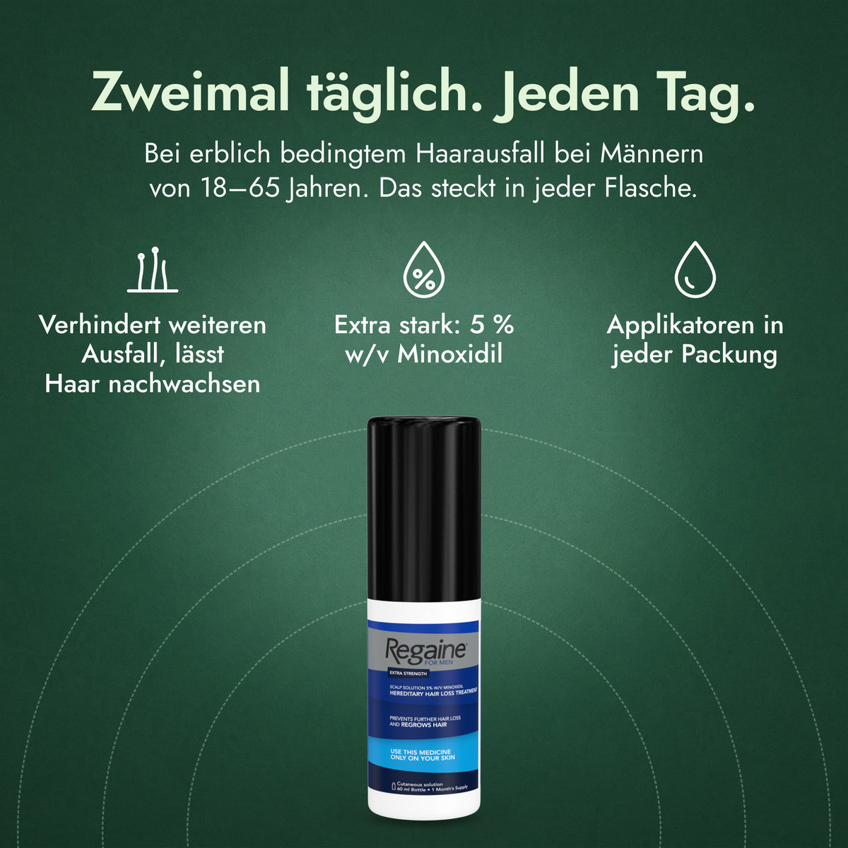 Regaine Männer Extra Stark 5 % Lösung: Zweimal täglich. Jeden Tag. Verhindert weiteren Ausfall, lässt Haar nachwachsen, Extra stark: 5 % w/v Minoxidil, Applikatoren in jeder Packung