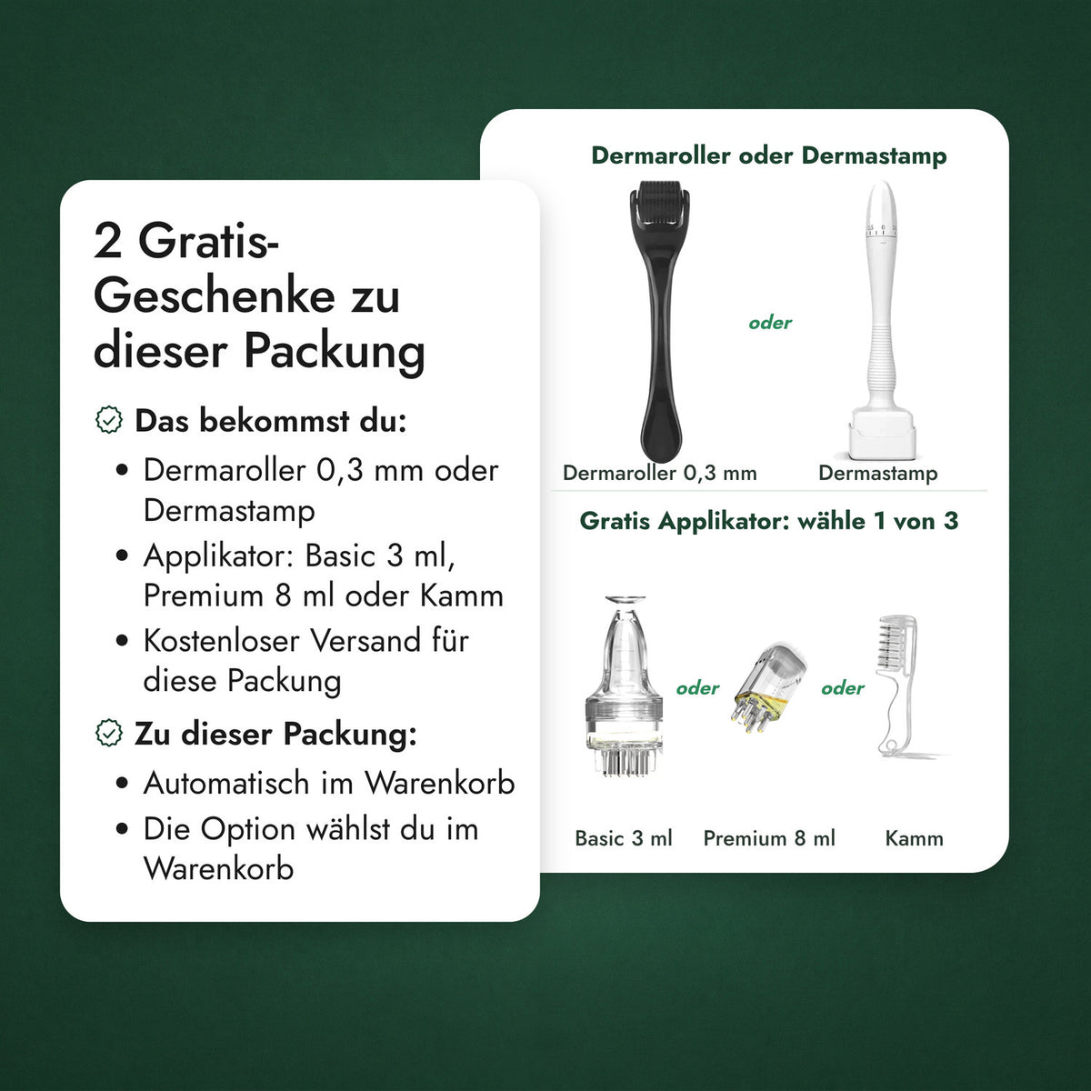 2 Gratis-Geschenke zu dieser Packung: Dermaroller oder Dermastamp, Gratis Applikator: wähle 1 von 3