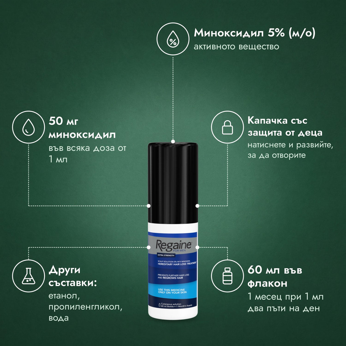 Regaine за мъже Extra Strength 5%, разтвор за скалп: Миноксидил 5% (м/о), 50 мг миноксидил, Капачка със защита от деца, Други съставки: етанол, пропиленгликол, вода, 60 мл във флакон