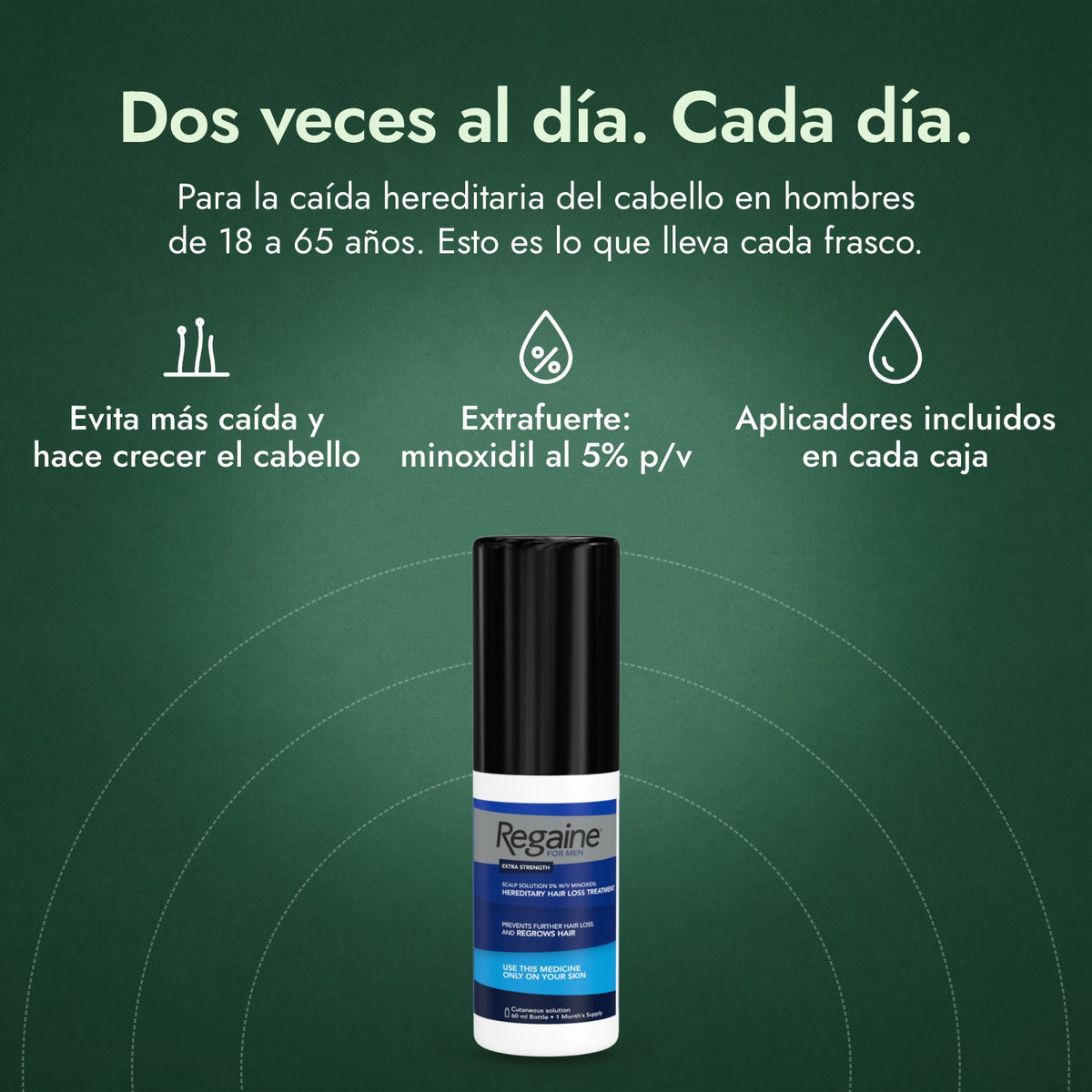 Regaine para Hombres Extra Fuerte 5% Solución Cutánea: Dos veces al día. Cada día. Evita más caída y hace crecer el cabello, Extrafuerte: minoxidil al 5% p/v, Aplicadores incluidos en cada caja