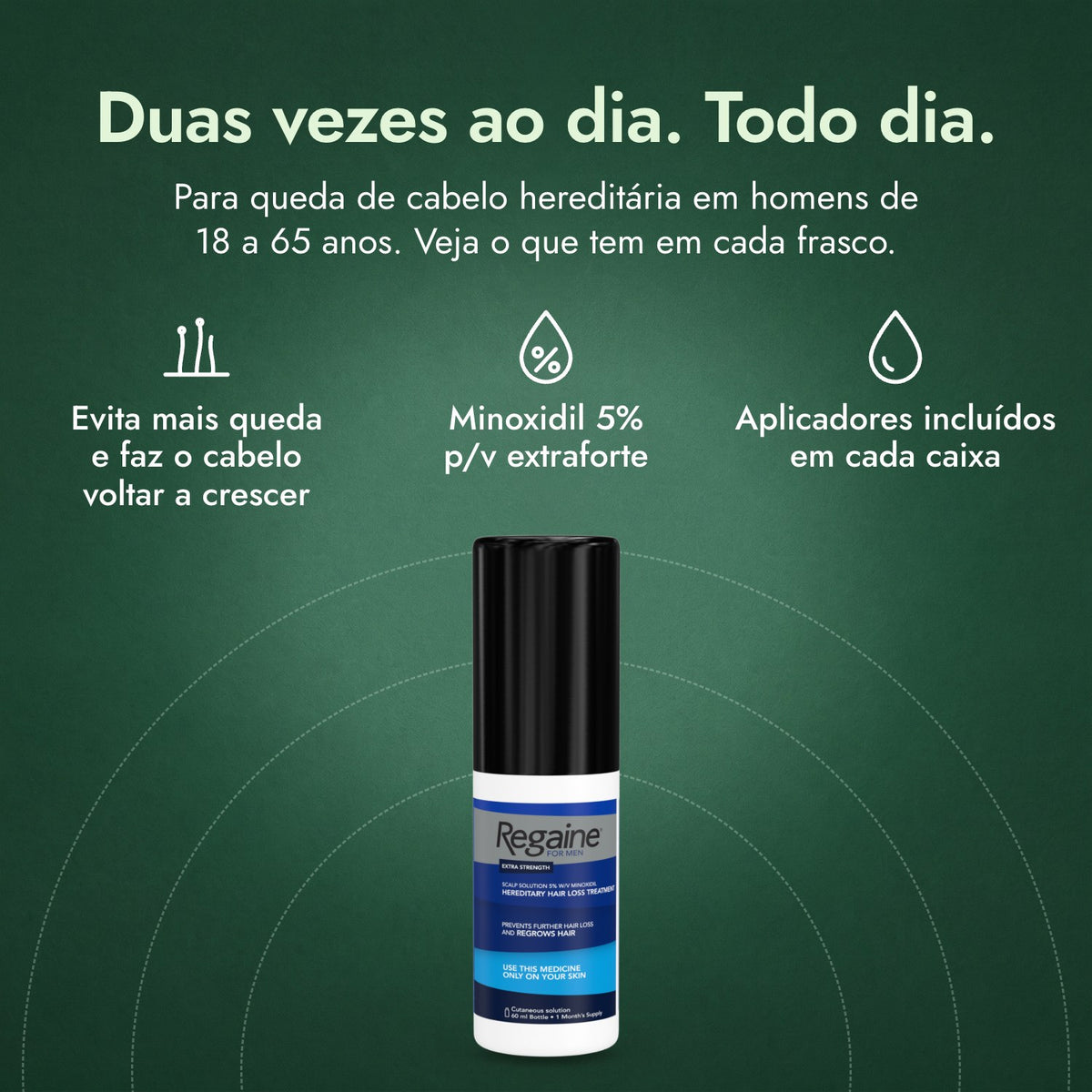 Regaine para Homens Extra Forte 5% Solução Capilar: Duas vezes ao dia. Todo dia. Evita mais queda e faz o cabelo voltar a crescer, Minoxidil 5% p/v extraforte, Aplicadores incluídos em cada caixa