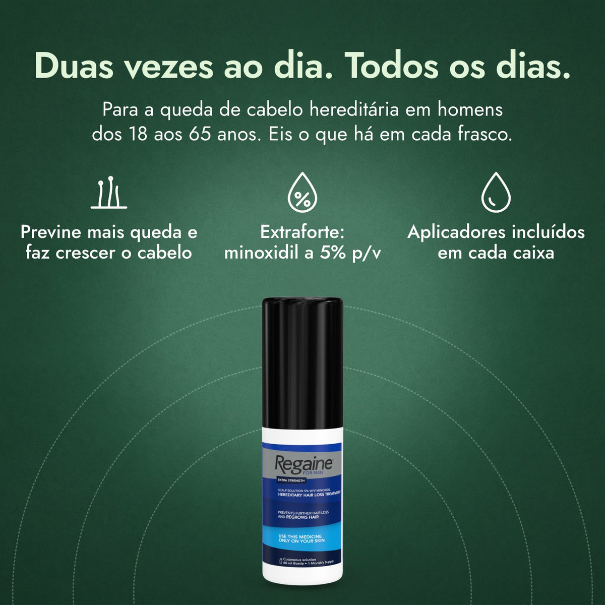 Regaine para Homem Extra Forte 5% Solução Cutânea: Duas vezes ao dia. Todos os dias. Previne mais queda e faz crescer o cabelo, Extraforte: minoxidil a 5% p/v, Aplicadores incluídos em cada caixa