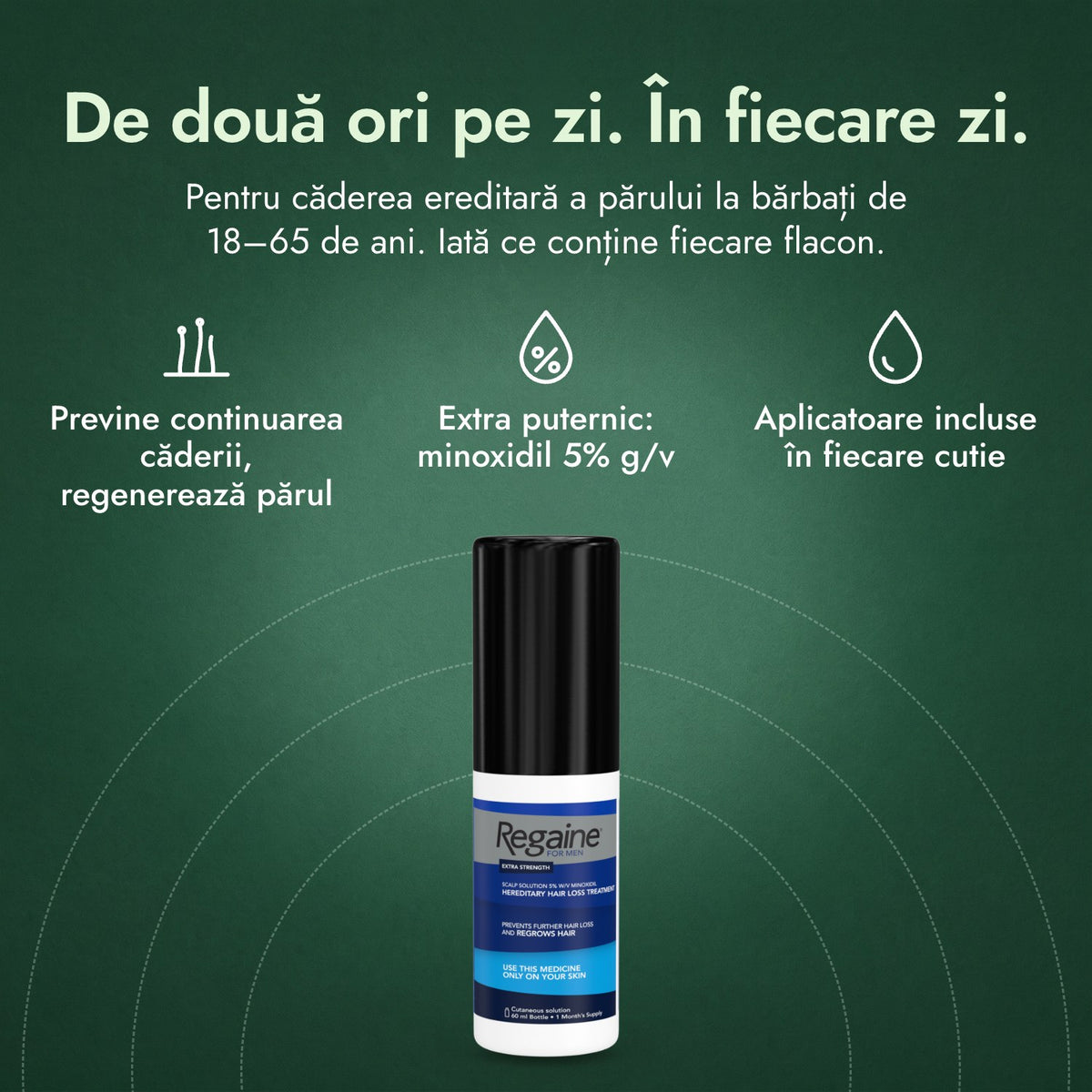 Regaine for Men Extra Strength 5% soluție pentru scalp: De două ori pe zi. În fiecare zi. Previne continuarea căderii, regenerează părul, Extra puternic: minoxidil 5% g/v, Aplicatoare incluse în fiecare cutie
