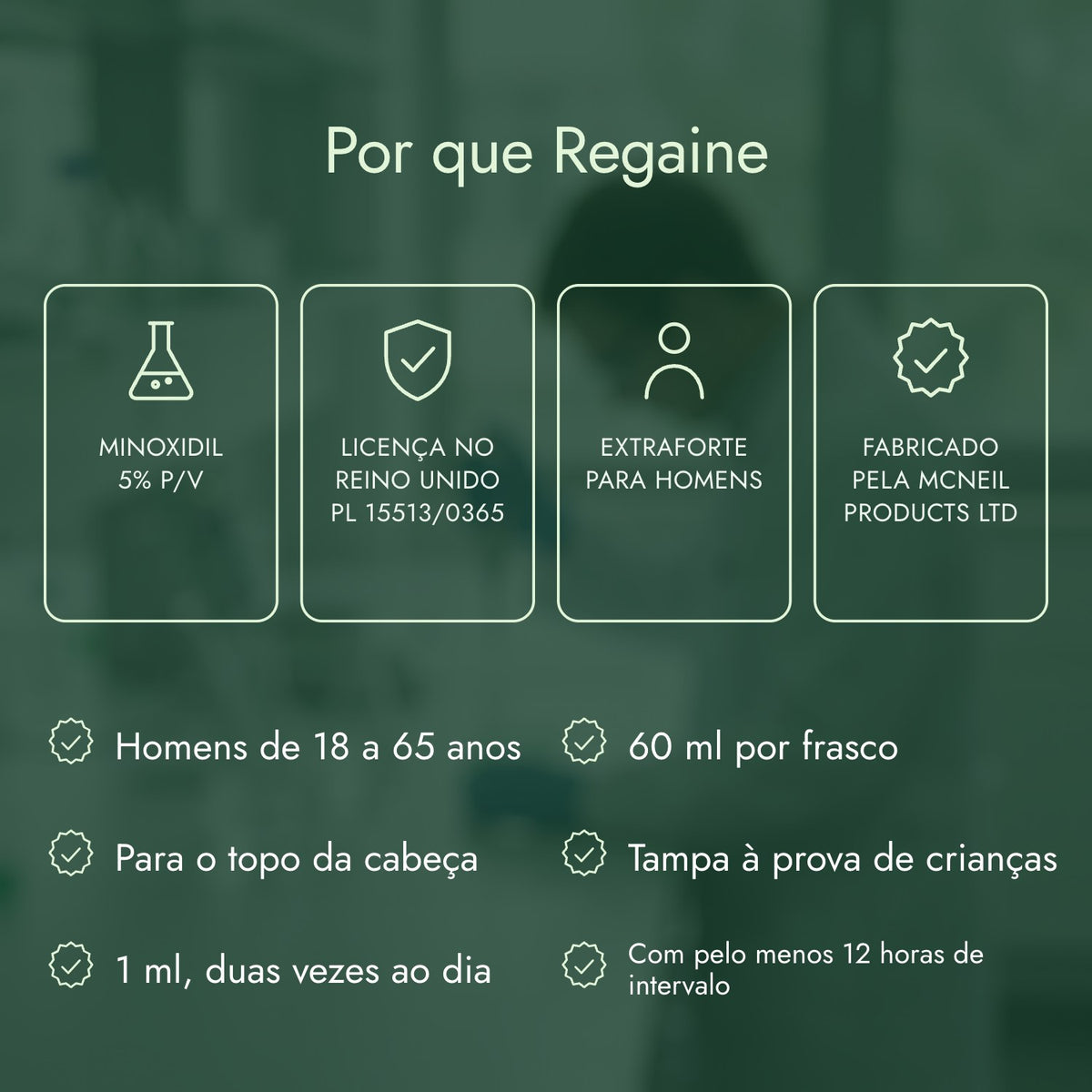 Por que Regaine: Minoxidil 5% p/v, Licença no Reino Unido PL 15513/0365, Extraforte para homens, Fabricado pela McNeil Products Ltd
