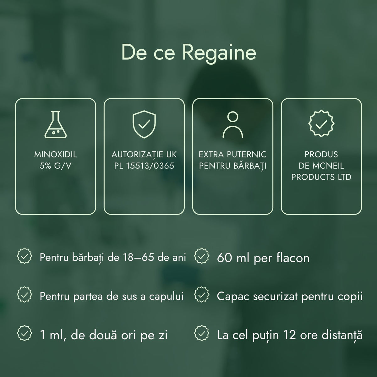 De ce Regaine: Minoxidil 5% g/v, Autorizație UK PL 15513/0365, Extra puternic pentru bărbați, Produs de McNeil Products Ltd