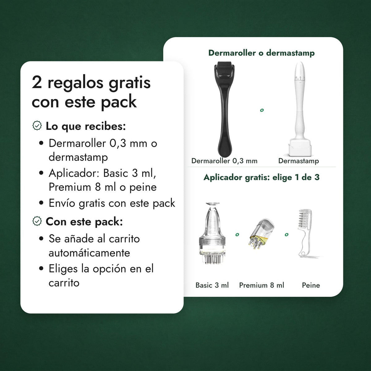 2 regalos gratis con este pack: Dermaroller o dermastamp, Aplicador gratis: elige 1 de 3