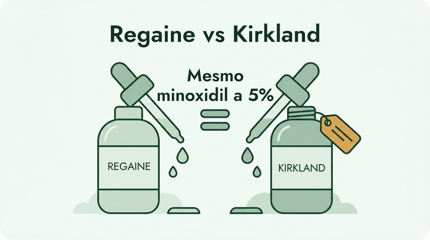 Regaine versus Kirkland: o mesmo minoxidil a 5%