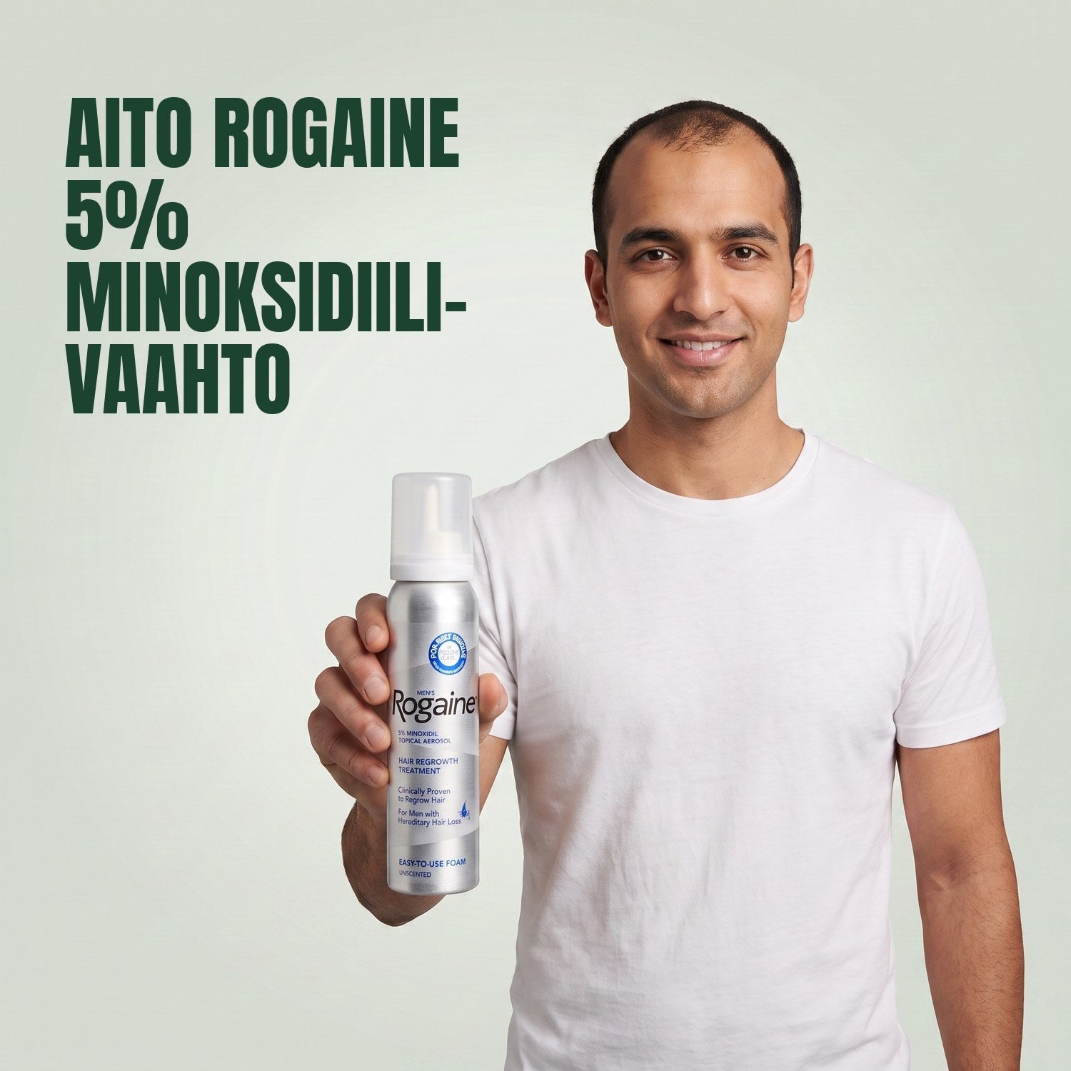 Man holding the Rogaine 5% minoxidil foam carton with a foam can against a green background