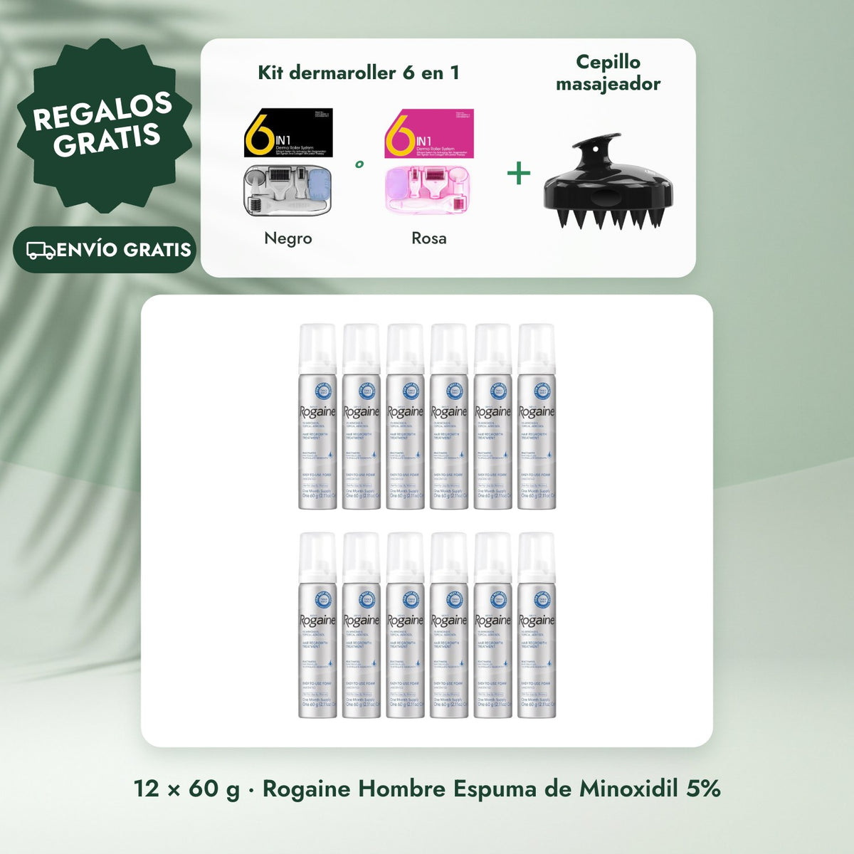 12 × 60 g · Rogaine Hombre Espuma de Minoxidil 5%: Kit dermaroller 6 en 1, Cepillo masajeador