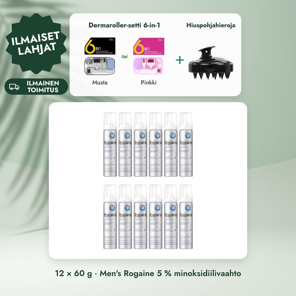 12 × 60 g · Men's Rogaine 5 % minoksidiilivaahto: Dermaroller-setti 6-in-1, Hiuspohjahieroja