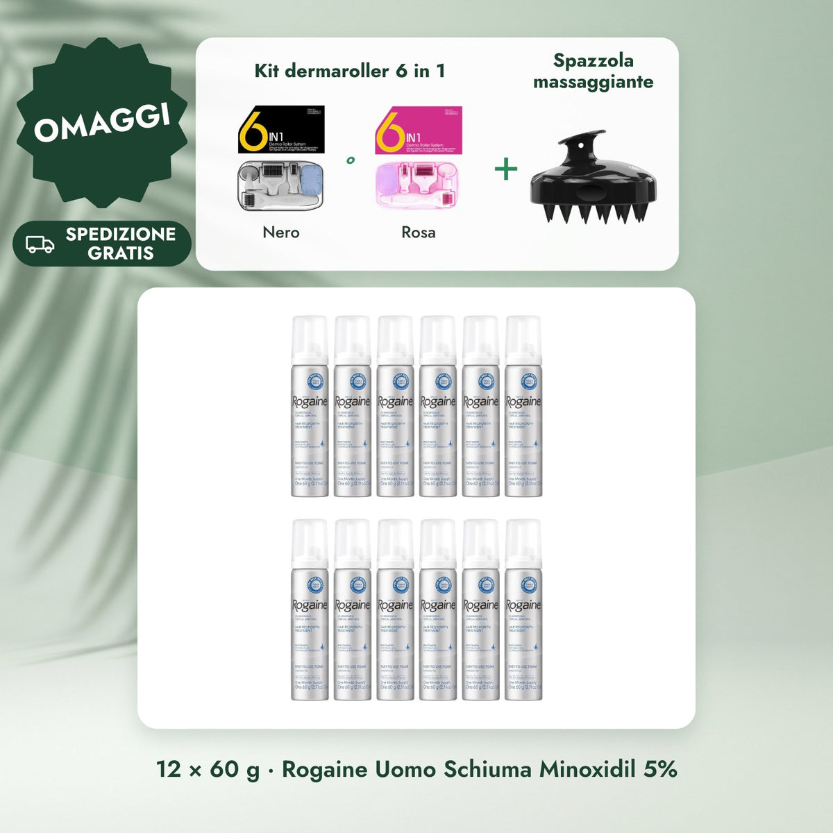 12 × 60 g · Rogaine Uomo Schiuma Minoxidil 5%: Kit dermaroller 6 in 1, Spazzola massaggiante