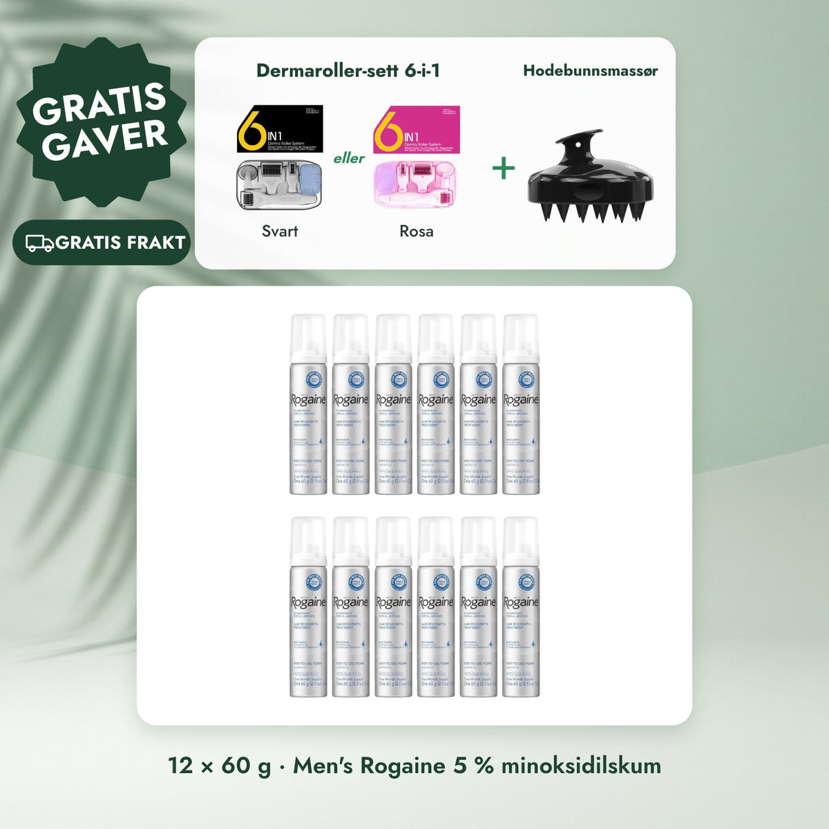 12 × 60 g · Men's Rogaine 5 % minoksidilskum: Dermaroller-sett 6-i-1, Hodebunnsmassør