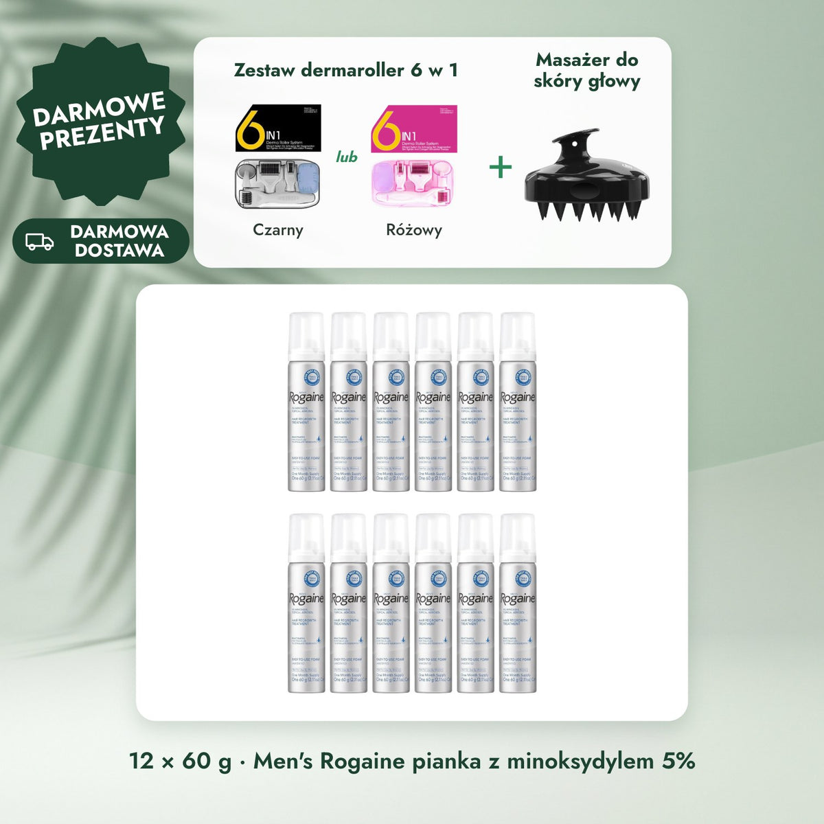 12 × 60 g · Men's Rogaine pianka z minoksydylem 5%: Zestaw dermaroller 6 w 1, Masażer do skóry głowy