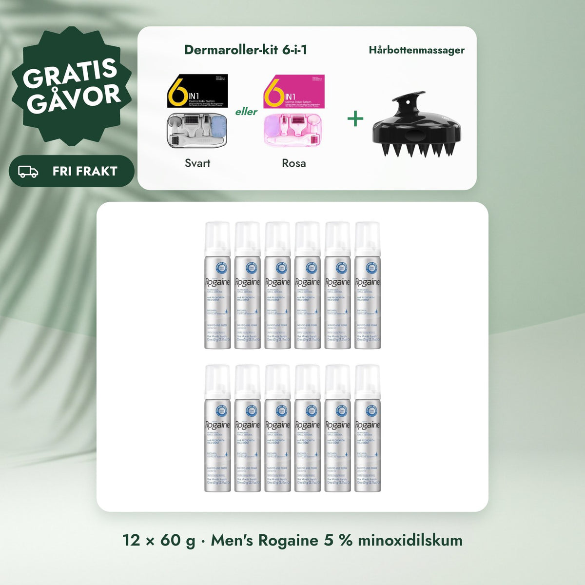 12 × 60 g · Men's Rogaine 5 % minoxidilskum: Dermaroller-kit 6-i-1, Hårbottenmassager