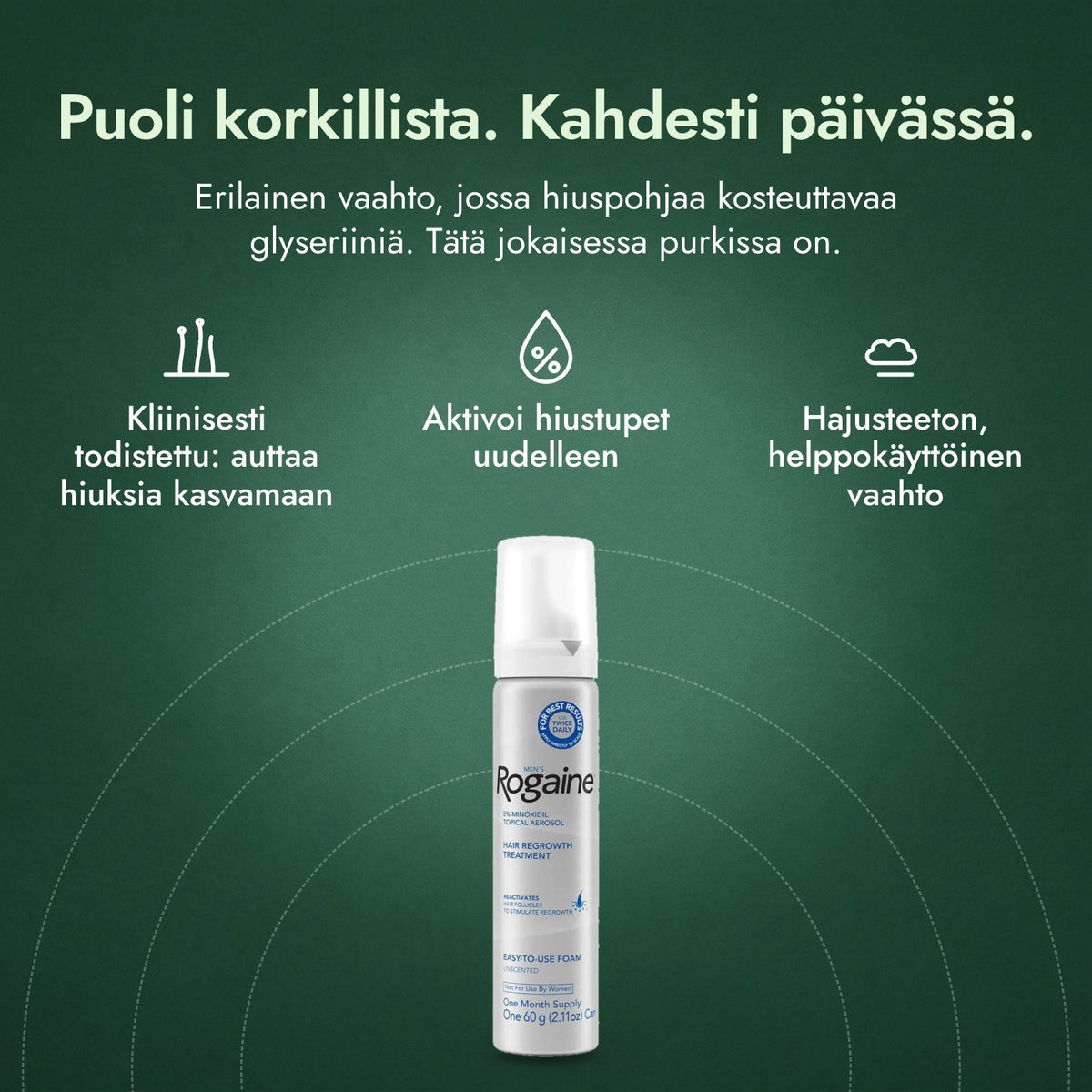 Men's Rogaine 5 % minoksidiilivaahto: Puoli korkillista. Kahdesti päivässä. Kliinisesti todistettu: auttaa hiuksia kasvamaan, Aktivoi hiustupet uudelleen, Hajusteeton, helppokäyttöinen vaahto