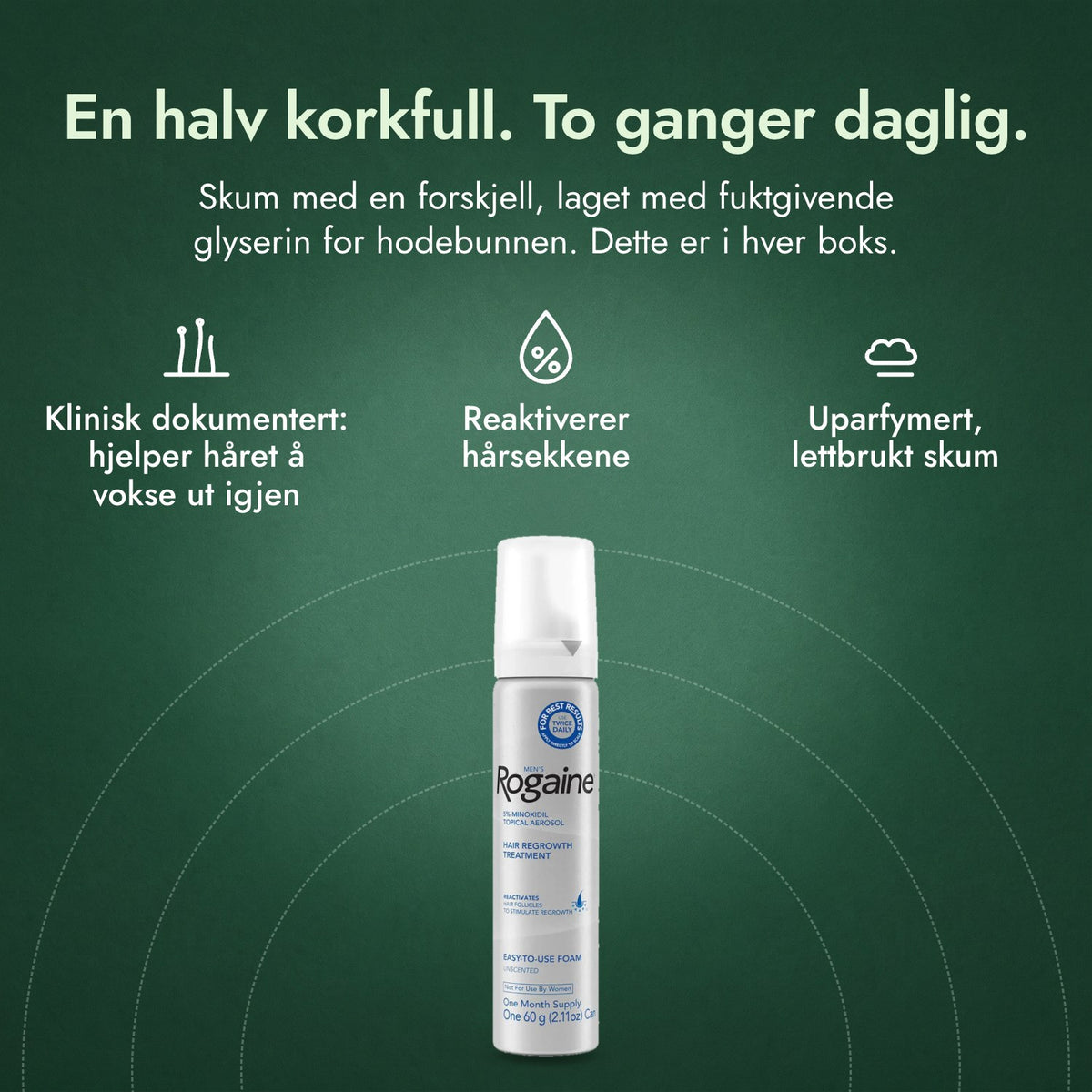 Men's Rogaine 5 % minoksidilskum: En halv korkfull. To ganger daglig. Klinisk dokumentert: hjelper håret å vokse ut igjen, Reaktiverer hårsekkene, Uparfymert, lettbrukt skum