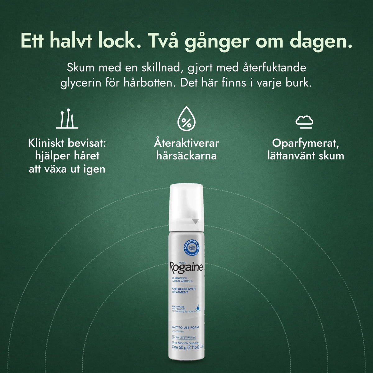 Men's Rogaine 5 % minoxidilskum: Ett halvt lock. Två gånger om dagen. Kliniskt bevisat: hjälper håret att växa ut igen, Återaktiverar hårsäckarna, Oparfymerat, lättanvänt skum