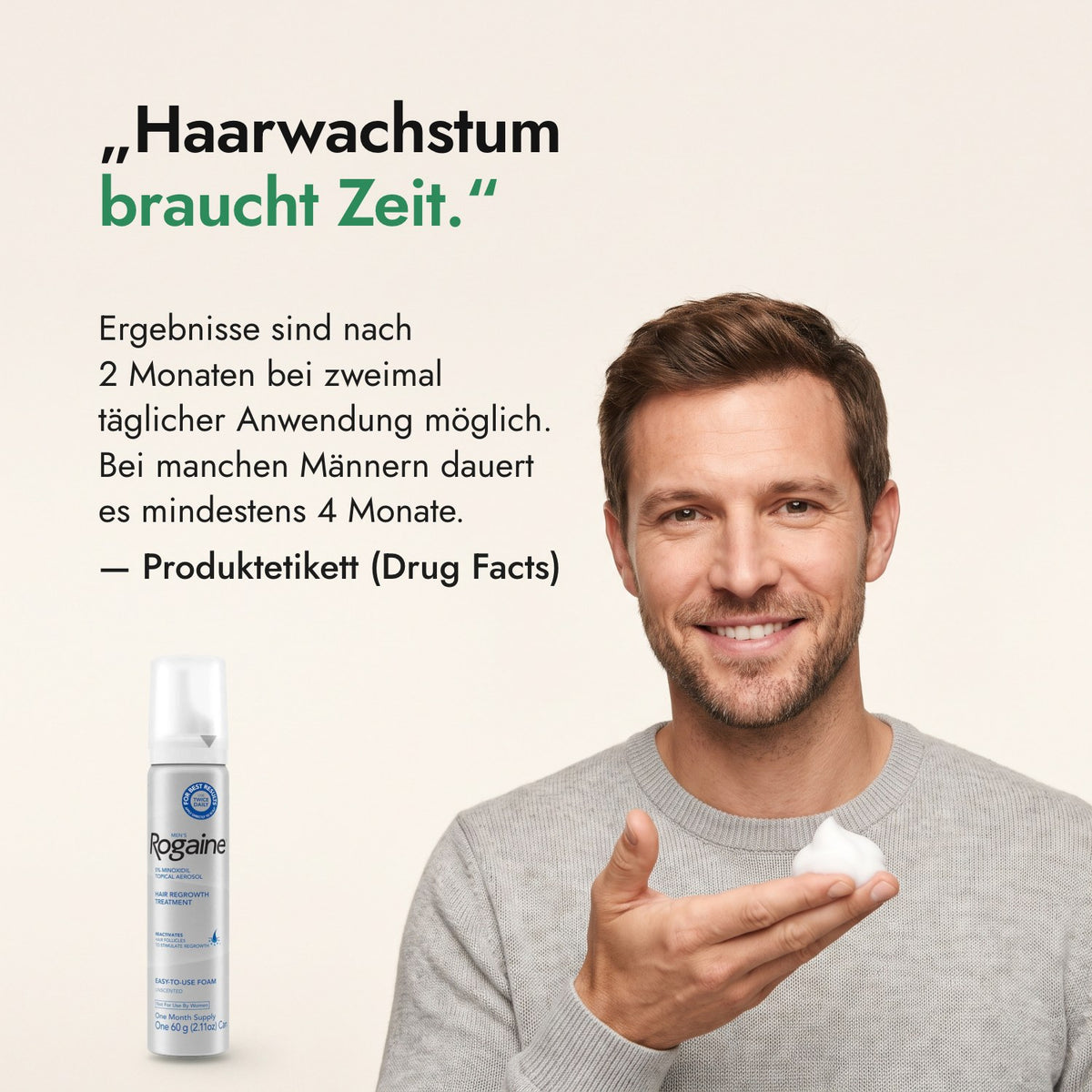 Haarwachstum braucht Zeit. — Produktetikett (Drug Facts)