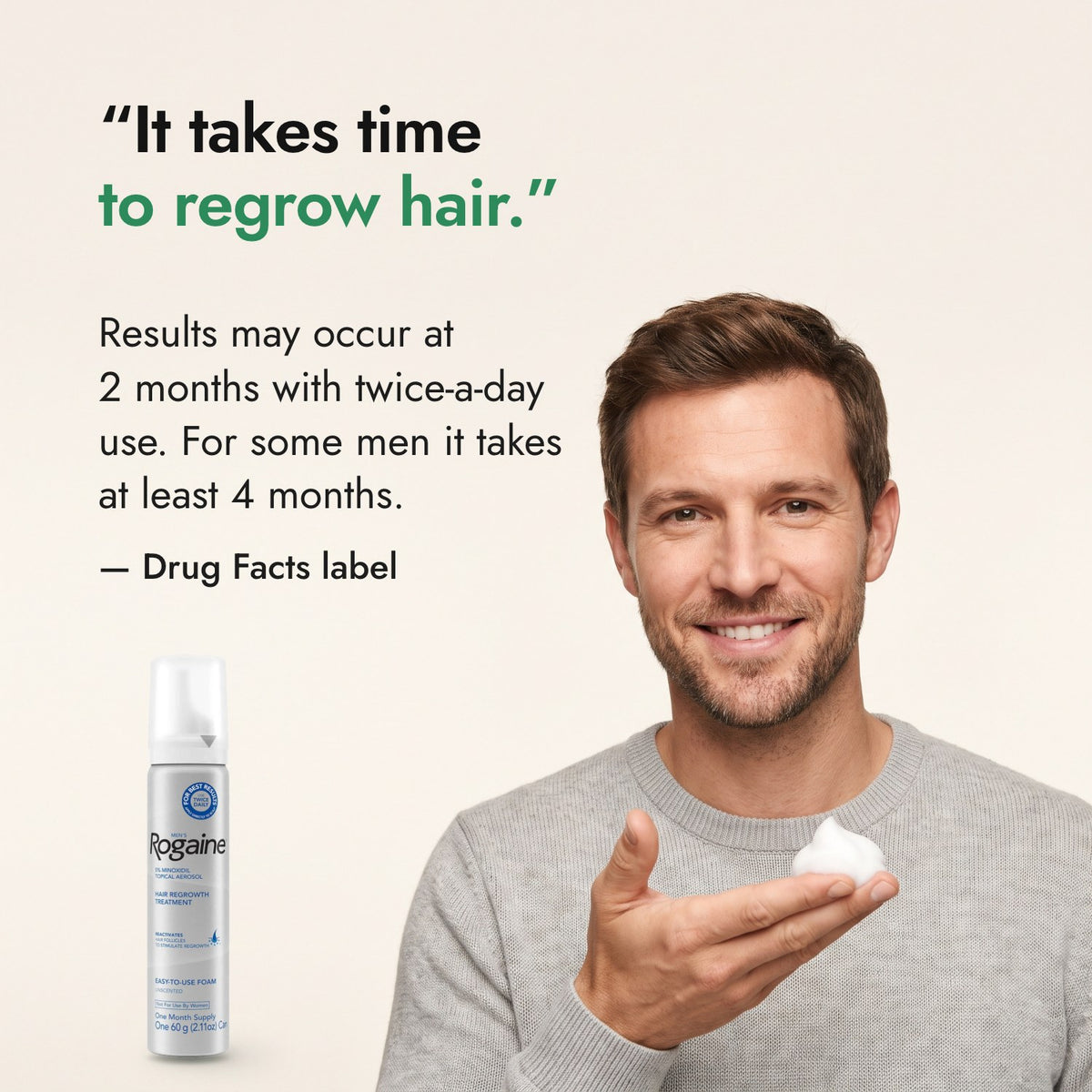 It takes time to regrow hair. — Drug Facts label