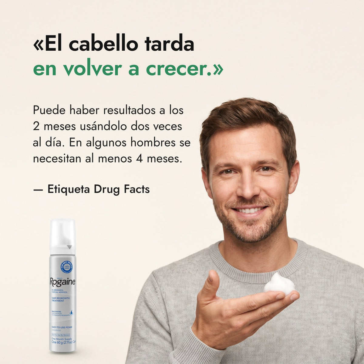 El cabello tarda en volver a crecer. — Etiqueta Drug Facts