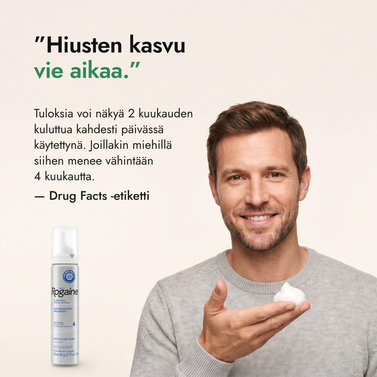 Hiusten kasvu vie aikaa. — Drug Facts -etiketti