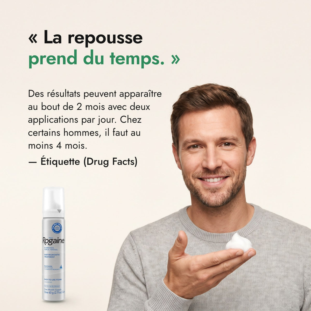 La repousse prend du temps. — Étiquette (Drug Facts)
