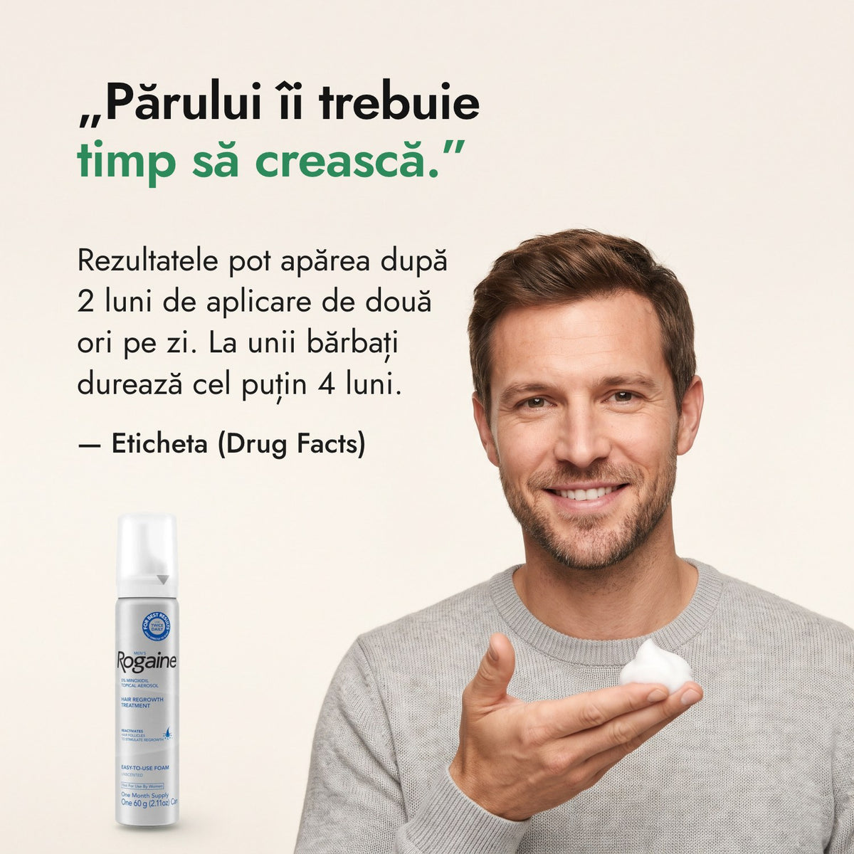 Părului îi trebuie timp să crească. — Eticheta (Drug Facts)