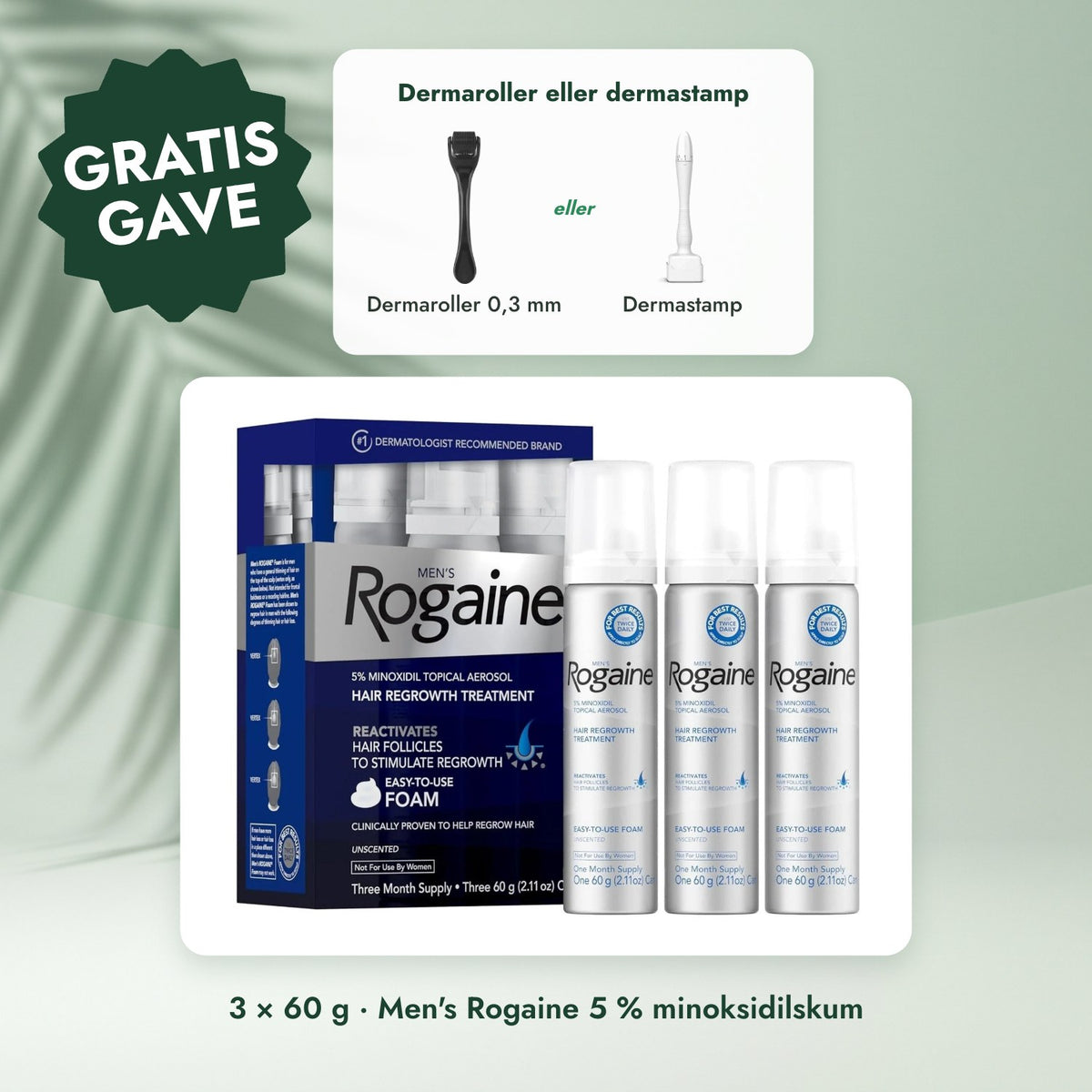 3 × 60 g · Men's Rogaine 5 % minoksidilskum: Dermaroller eller dermastamp