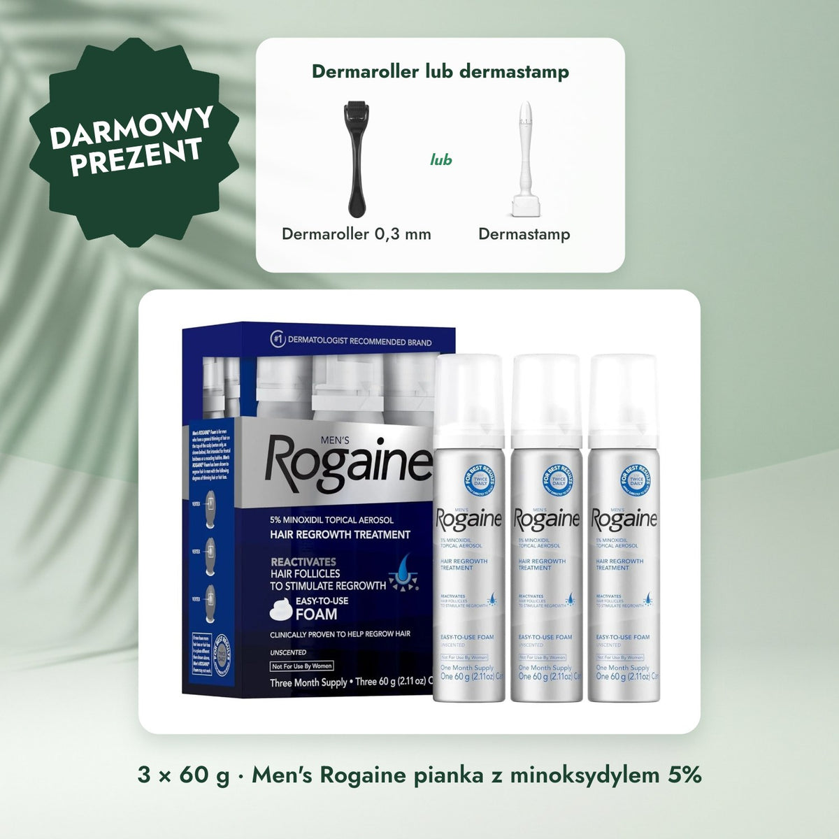 3 × 60 g · Men's Rogaine pianka z minoksydylem 5%: Dermaroller lub dermastamp