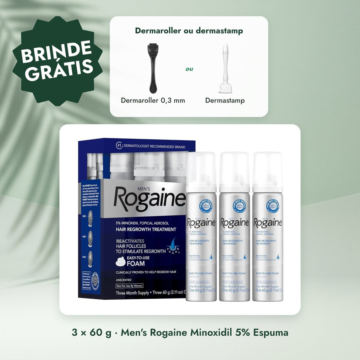 3 × 60 g · Men's Rogaine Minoxidil 5% Espuma: Dermaroller ou dermastamp