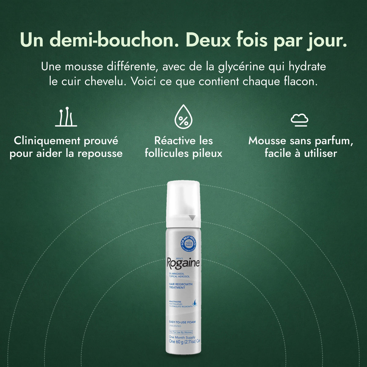 Rogaine Homme mousse minoxidil 5 %: Un demi-bouchon. Deux fois par jour. Cliniquement prouvé pour aider la repousse, Réactive les follicules pileux, Mousse sans parfum, facile à utiliser