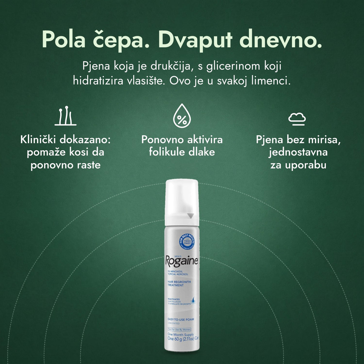 Rogaine 5% Minoxidil pjena za muškarce: Pola čepa. Dvaput dnevno. Klinički dokazano: pomaže kosi da ponovno raste, Ponovno aktivira folikule dlake, Pjena bez mirisa, jednostavna za uporabu