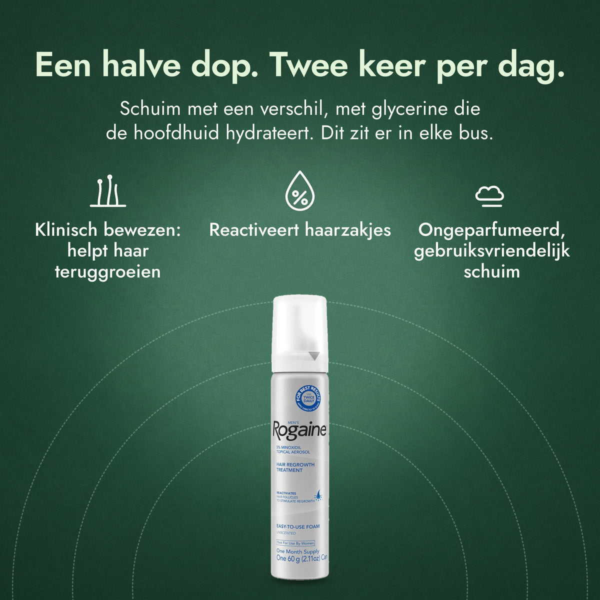 Rogaine voor mannen 5% minoxidil schuim: Een halve dop. Twee keer per dag. Klinisch bewezen: helpt haar teruggroeien, Reactiveert haarzakjes, Ongeparfumeerd, gebruiksvriendelijk schuim