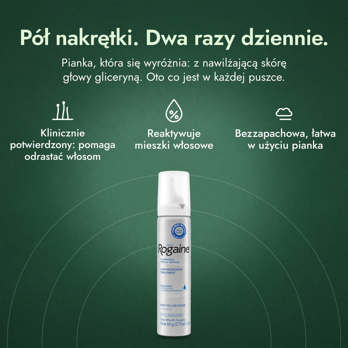 Men's Rogaine pianka z minoksydylem 5%: Pół nakrętki. Dwa razy dziennie. Klinicznie potwierdzony: pomaga odrastać włosom, Reaktywuje mieszki włosowe, Bezzapachowa, łatwa w użyciu pianka