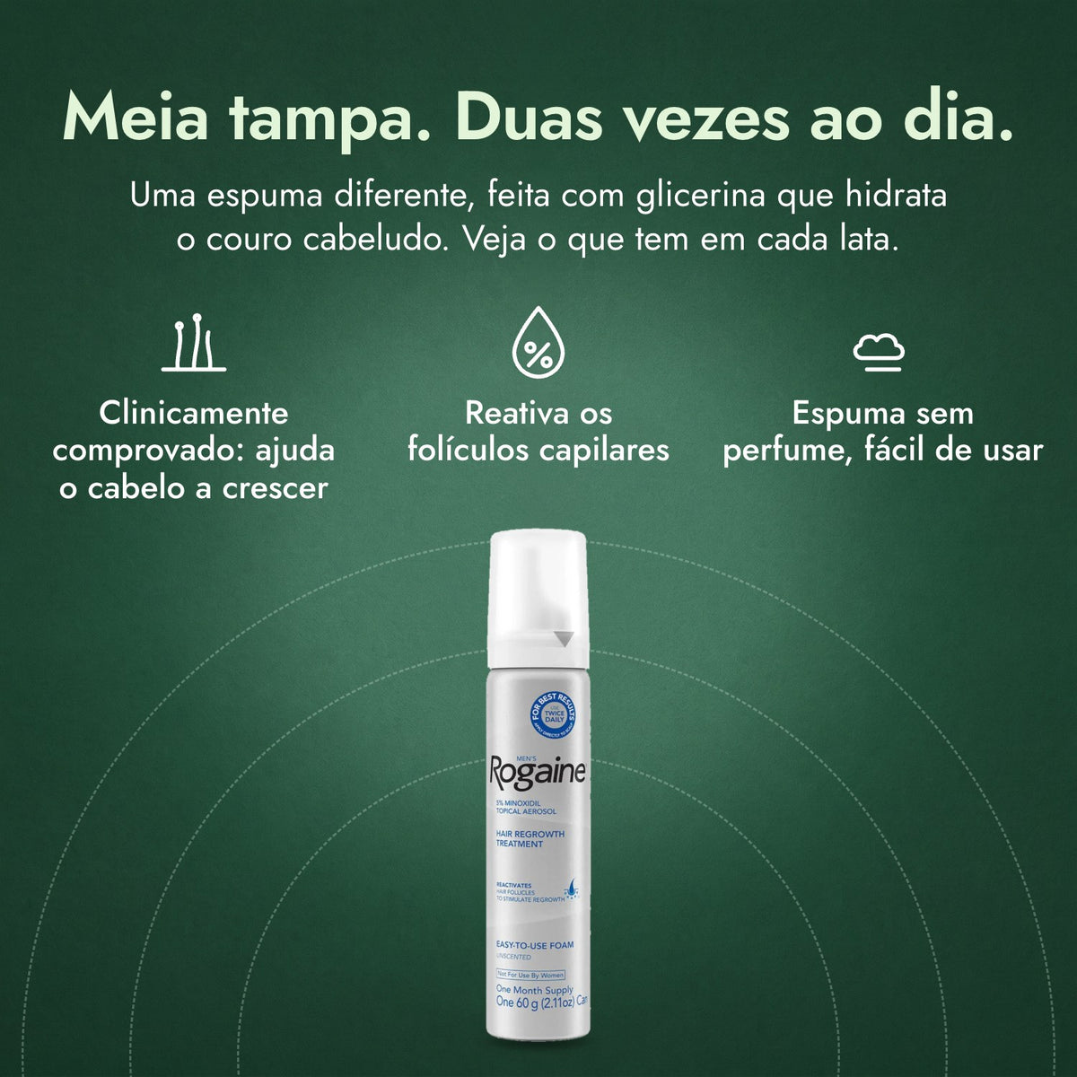 Men's Rogaine Minoxidil 5% Espuma: Meia tampa. Duas vezes ao dia. Clinicamente comprovado: ajuda o cabelo a crescer, Reativa os folículos capilares, Espuma sem perfume, fácil de usar